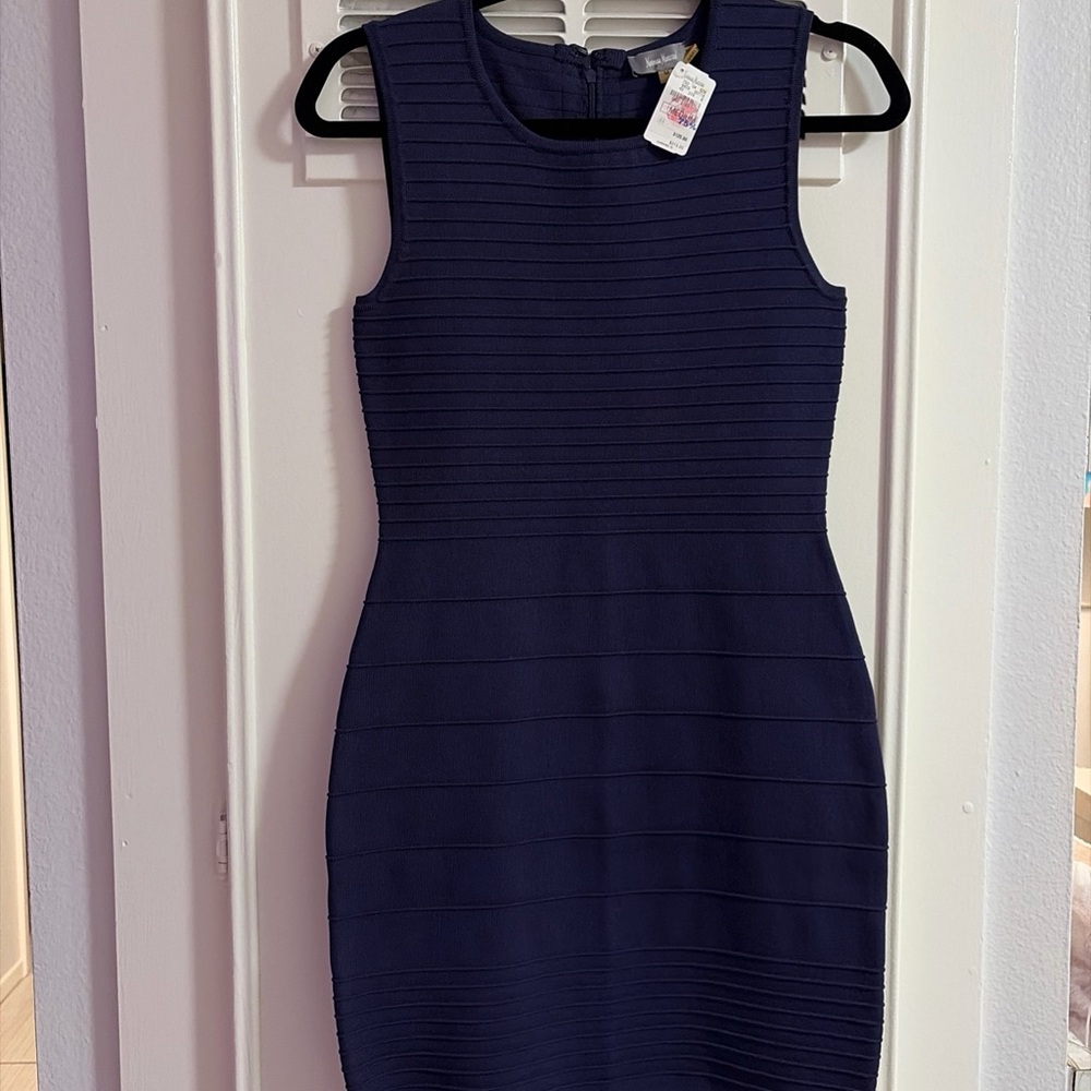 Neiman Marcus Navy Blue Ribbed Sleeveless Mini Dress Bandage Stripe Tank Top
